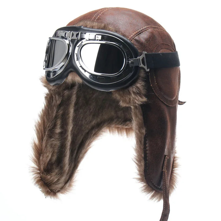Men's Bomber Hat with Goggles - Faux Fur Pilot Hat