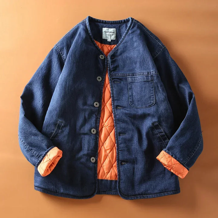 Men's Collarless Quilted Denim Jacket - Warm Winter Jacket