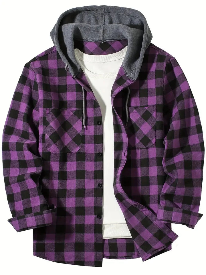 Men's Hooded Plaid Button Down Shirt - Slim Fit Long Sleeve