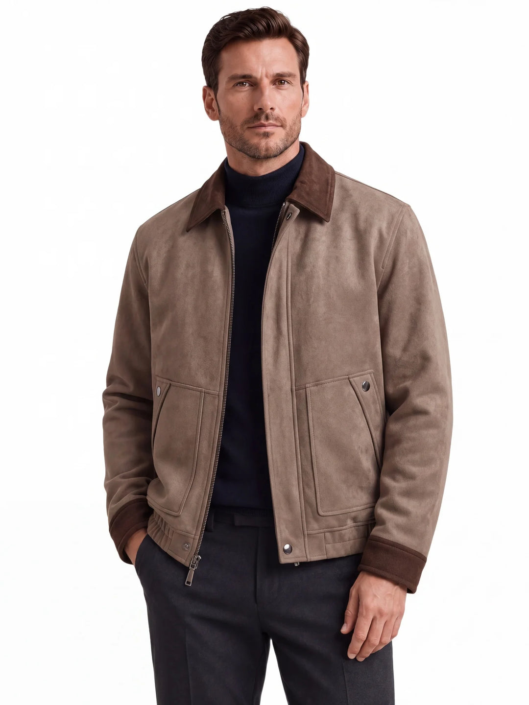 Men's Faux Suede Color Block Jacket - Zip Up Lapel Collar