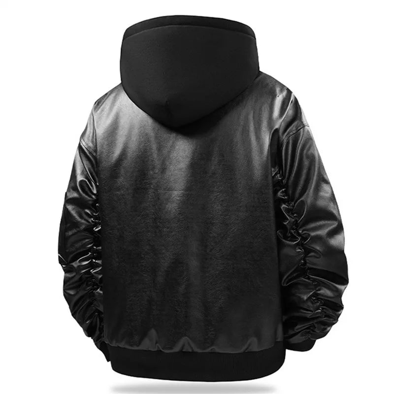 Men's Hooded Faux Leather Bomber Jacket - Oversized Fit