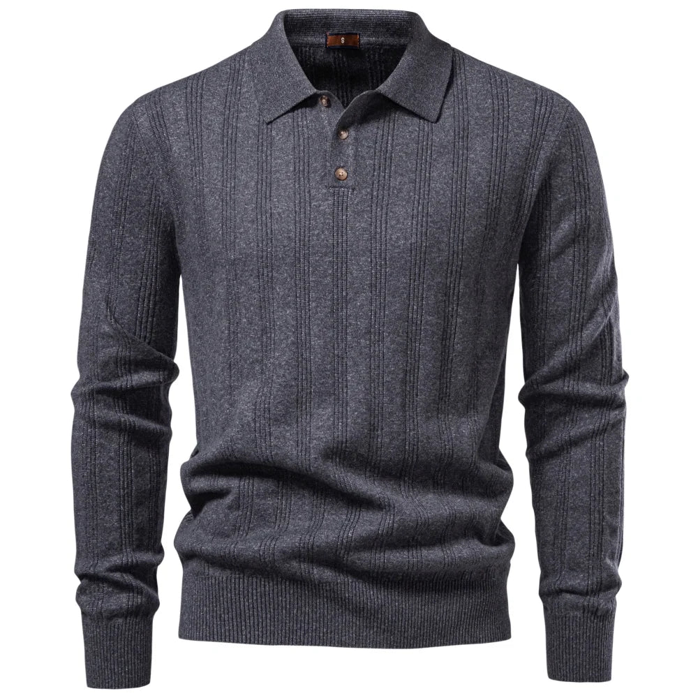 Men's Long Sleeve Knit Polo - Ribbed Knit Polo Shirt