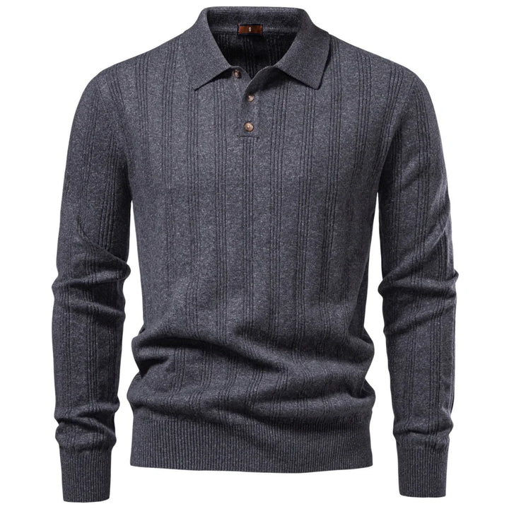 Men's Long Sleeve Knit Polo - Ribbed Knit Polo Shirt