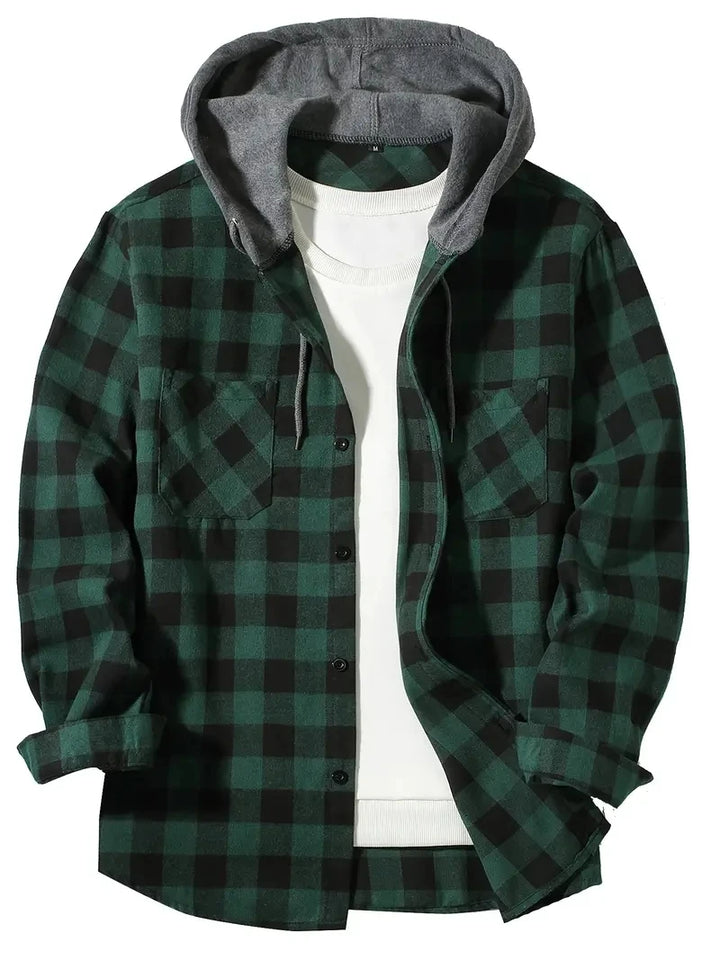 Men's Hooded Plaid Button Down Shirt - Slim Fit Long Sleeve