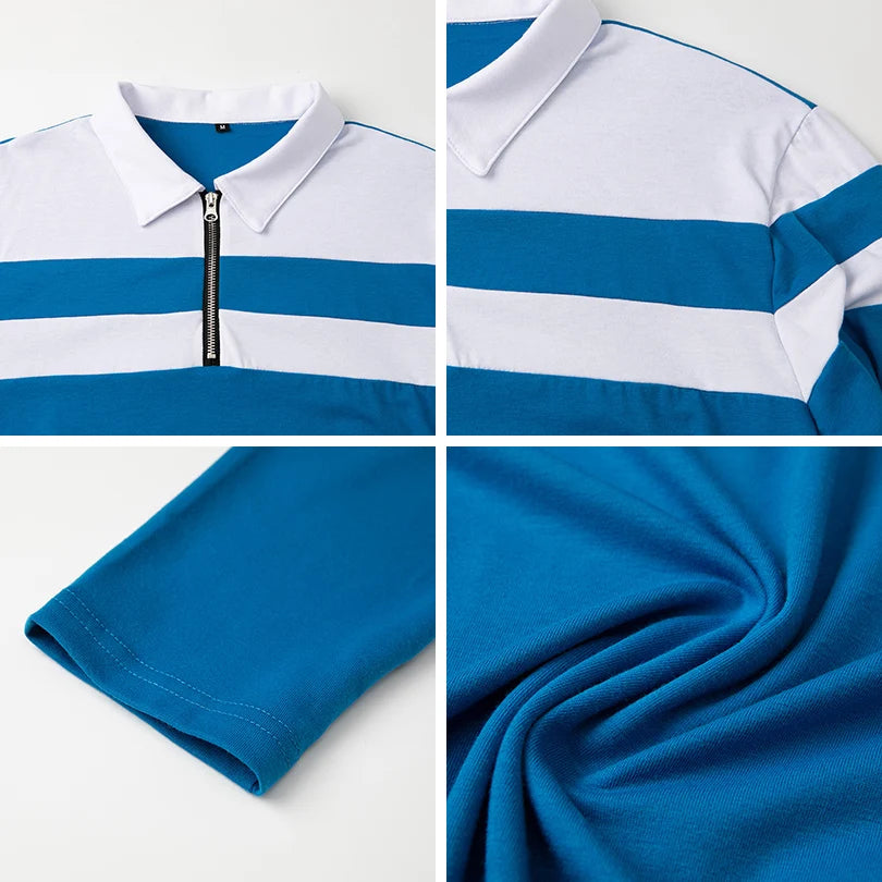 Monarch Men's Long Sleeve Striped Polo Shirt with 1/4 Zip