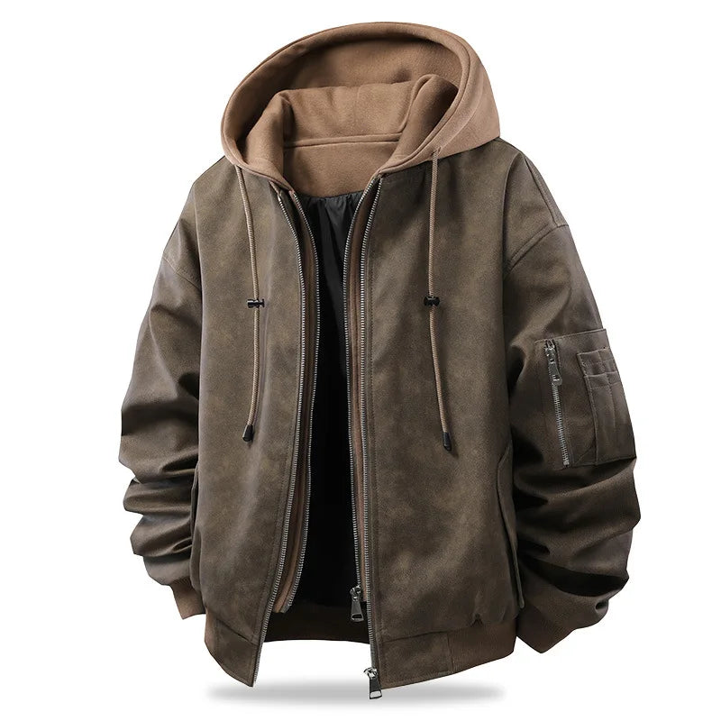 Men's Hooded Faux Leather Bomber Jacket - Oversized Fit