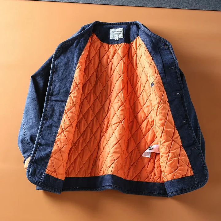 Men's Collarless Quilted Denim Jacket - Warm Winter Jacket