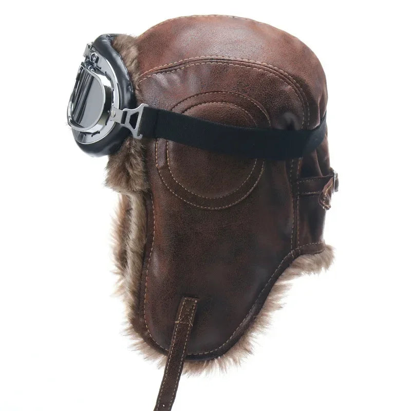 Men's Bomber Hat with Goggles - Faux Fur Pilot Hat