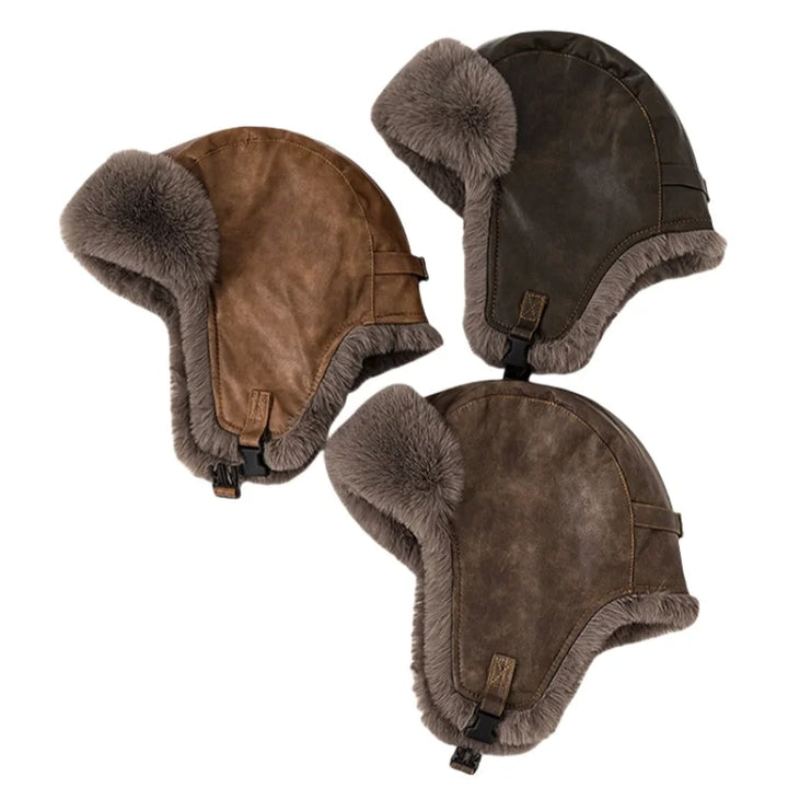 Men's Faux Leather Pilot Hat - Winter Bomber Earflap Hat