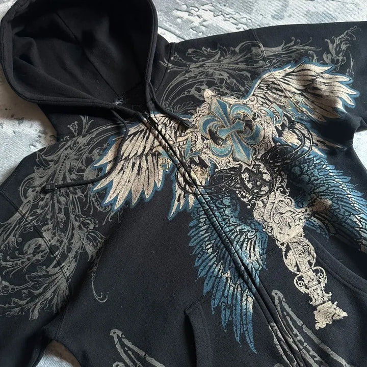 Vintage Angelic Graphic Zip-Up Hoodie