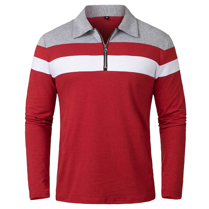 Monarch Men's Long Sleeve Striped Polo Shirt with 1/4 Zip