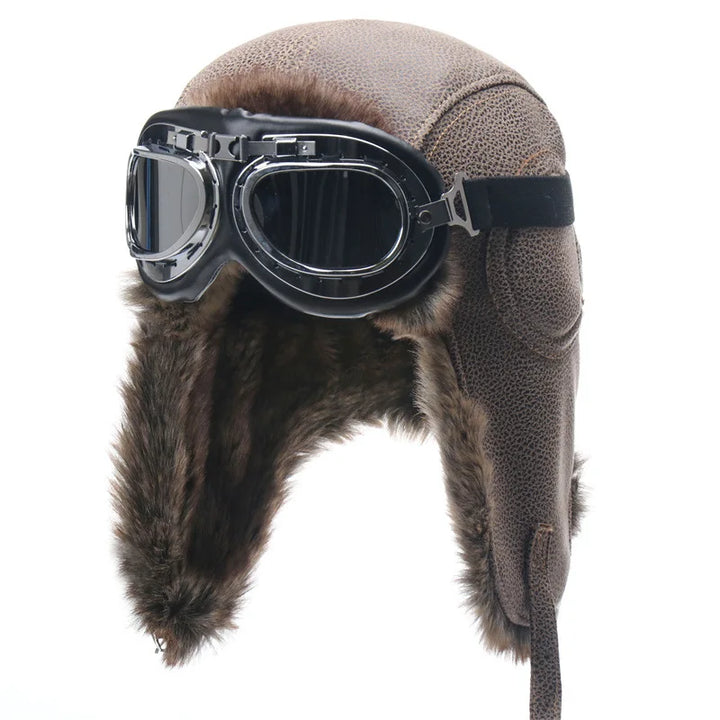 Men's Bomber Hat with Goggles - Faux Fur Pilot Hat