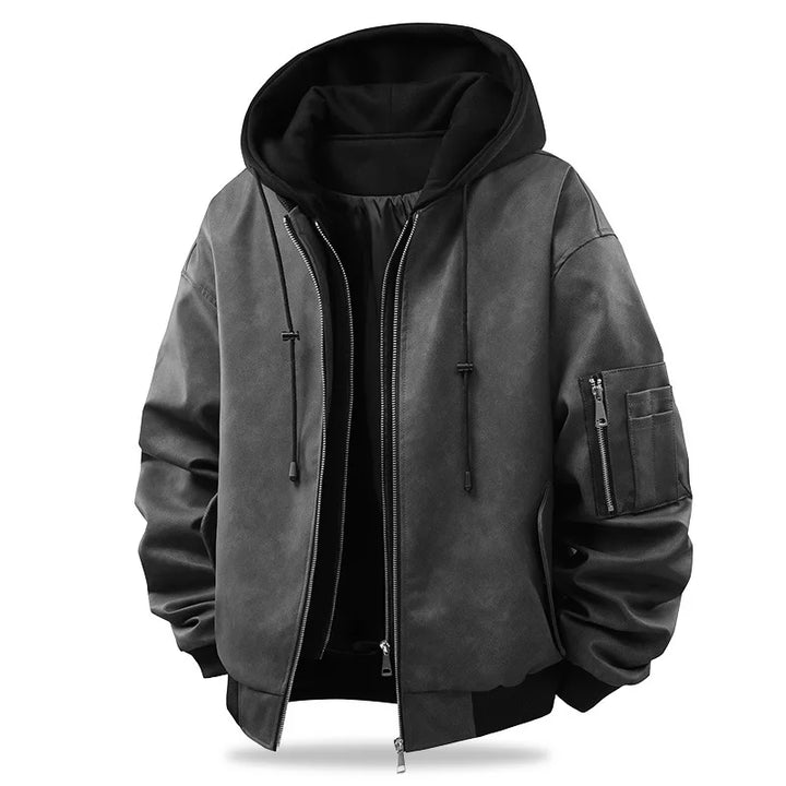 Men's Hooded Faux Leather Bomber Jacket - Oversized Fit
