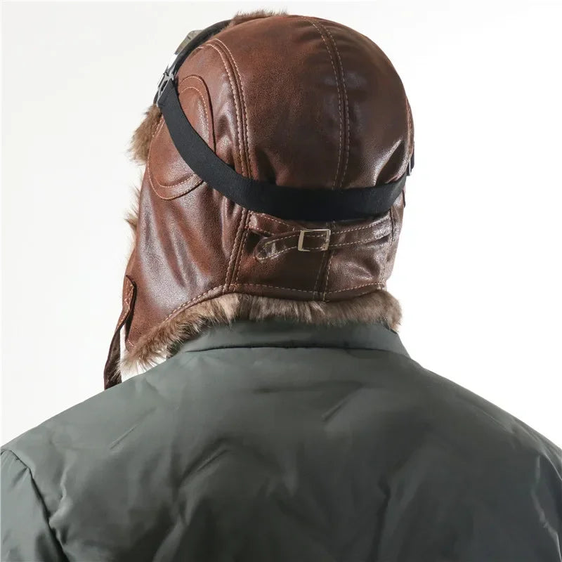 Men's Bomber Hat with Goggles - Faux Fur Pilot Hat