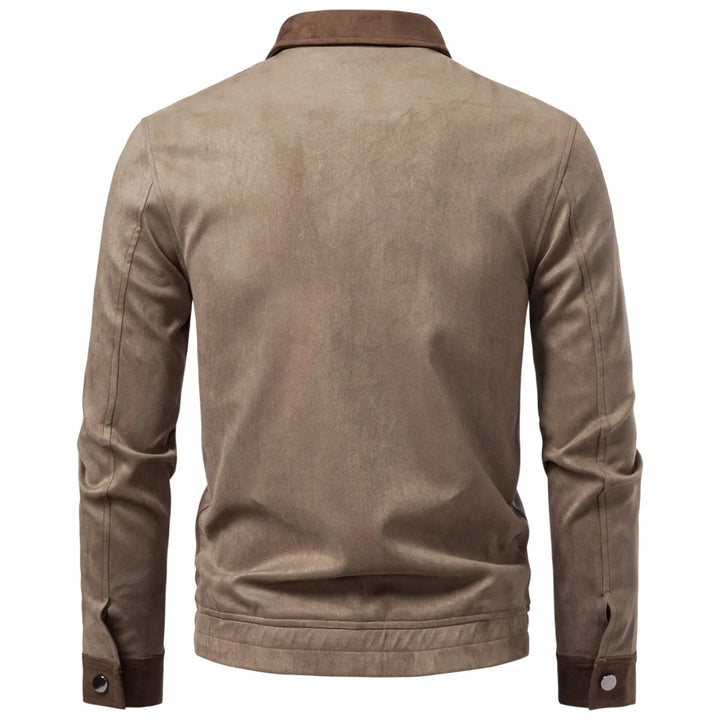 Men's Faux Suede Color Block Jacket - Zip Up Lapel Collar