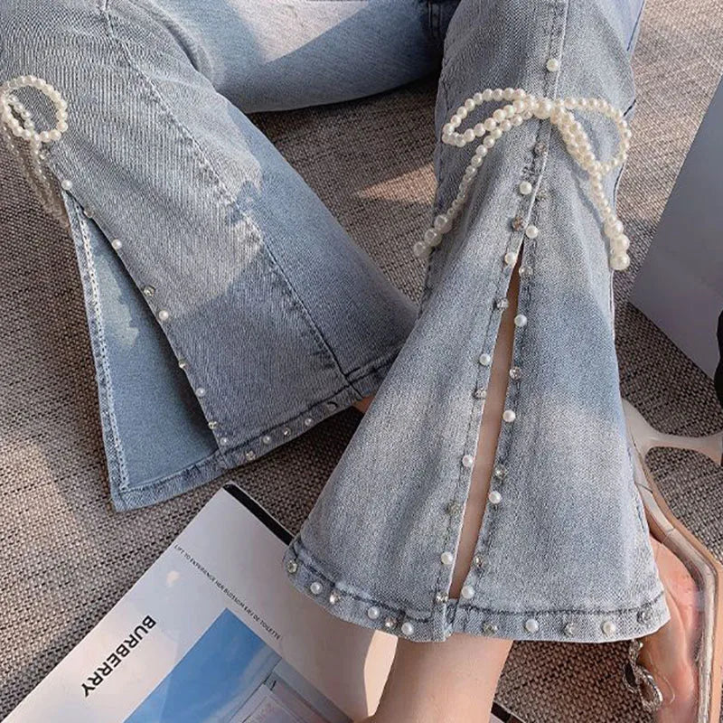 Beaded Split-Hem Jeans