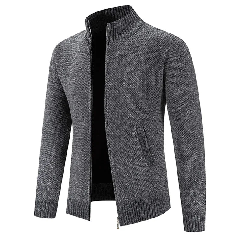 Men's Fleece Cardigan Sweater - Full Zip Stand Collar Knit