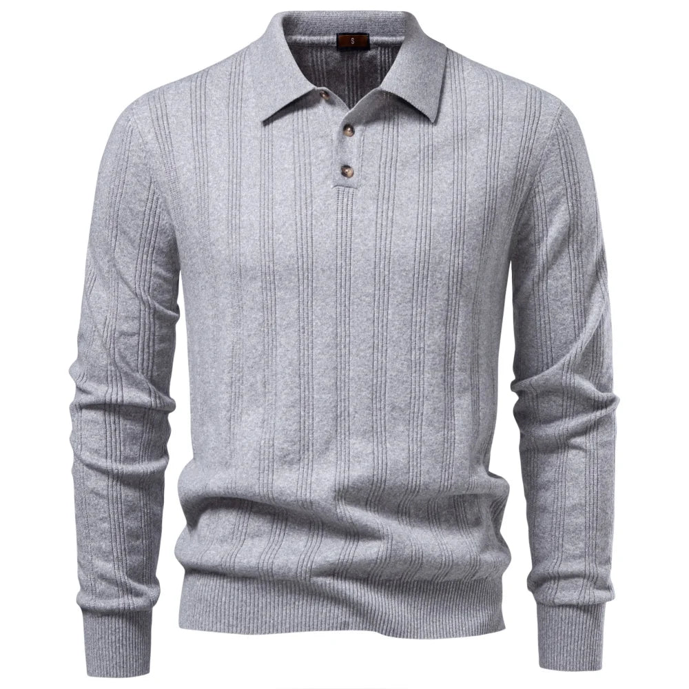 Men's Long Sleeve Knit Polo - Ribbed Knit Polo Shirt