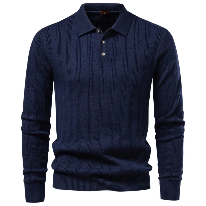 Men's Long Sleeve Knit Polo - Ribbed Knit Polo Shirt