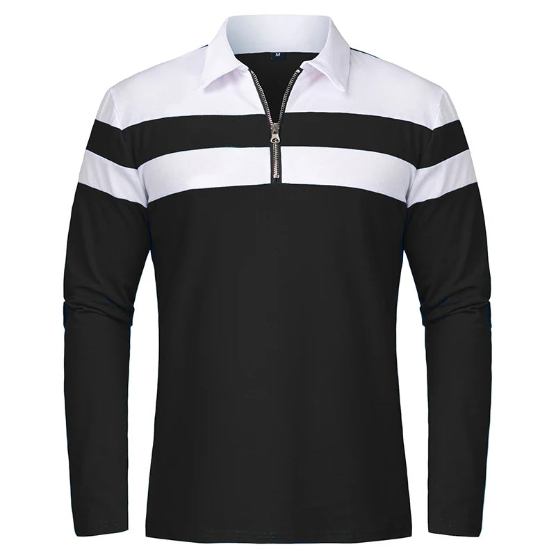Monarch Men's Long Sleeve Striped Polo Shirt with 1/4 Zip