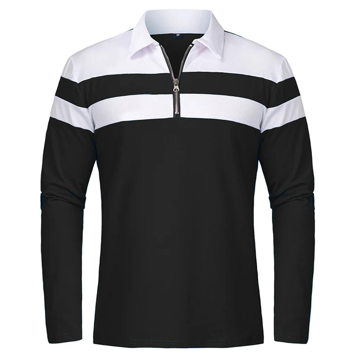 Monarch Men's Long Sleeve Striped Polo Shirt with 1/4 Zip