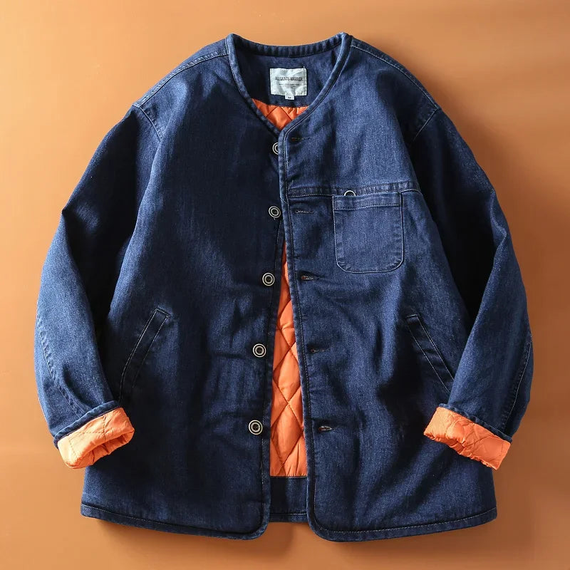 Men's Collarless Quilted Denim Jacket - Warm Winter Jacket