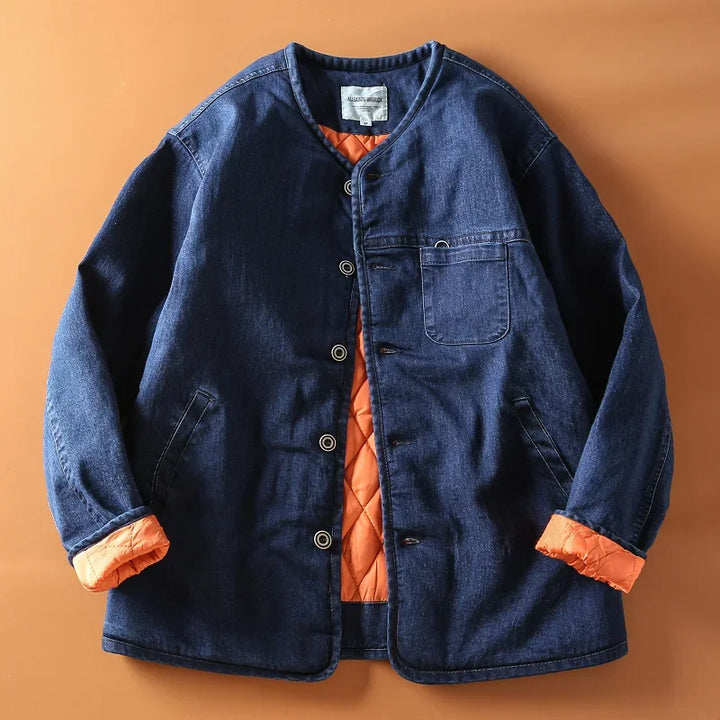 Men's Collarless Quilted Denim Jacket - Warm Winter Jacket