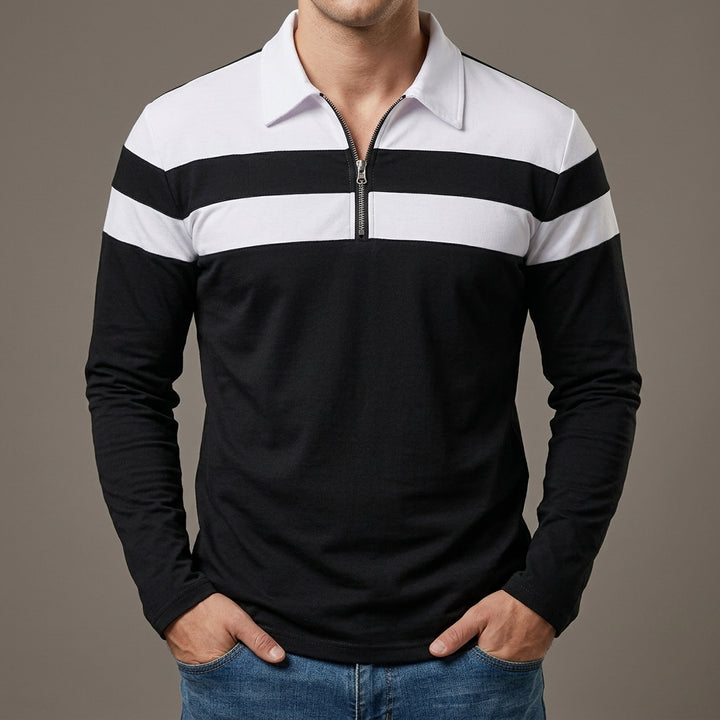 Monarch Men's Long Sleeve Striped Polo Shirt with 1/4 Zip