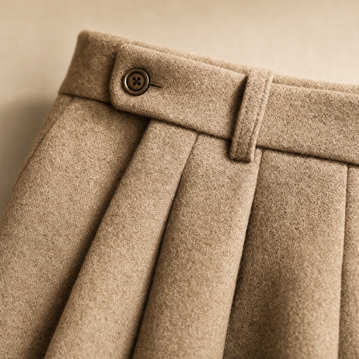 Beige pleated wool trouser waistband and pleat detail