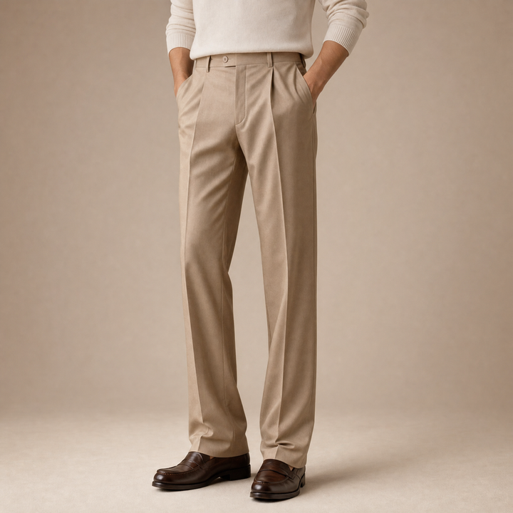 The Pleated Tailored Trouser in Beige, front on model