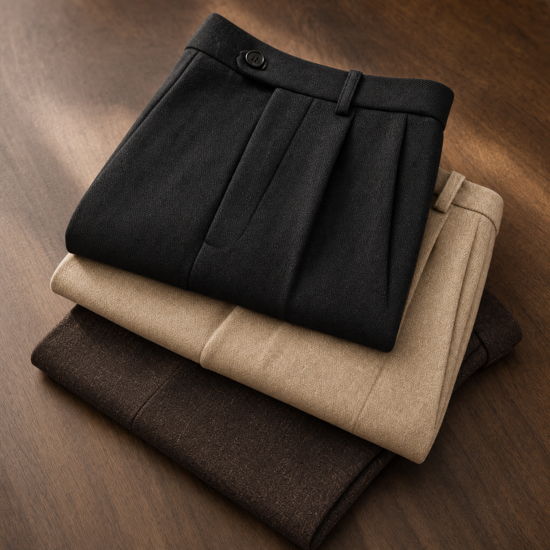 Three pleated wool trousers folded in beige, charcoal and brown