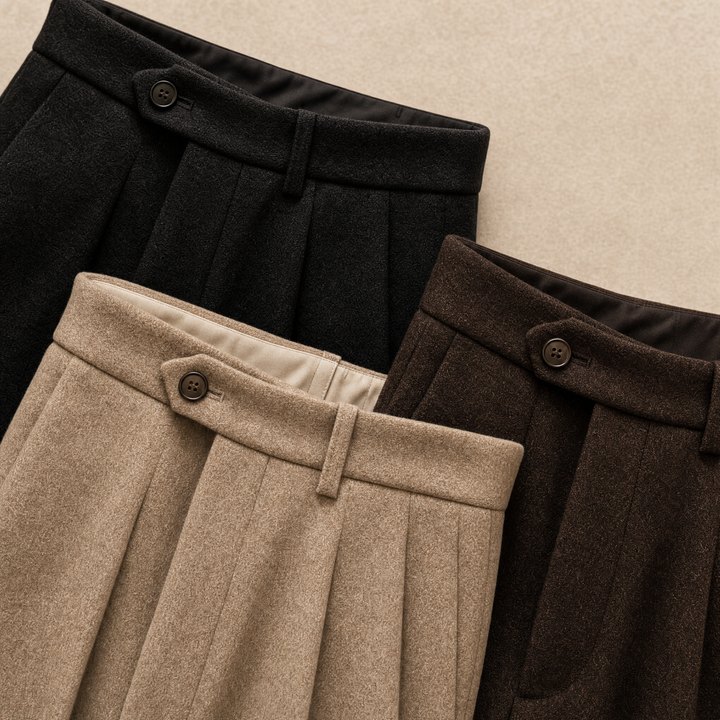 Beige, charcoal and brown pleated trousers waistband detail