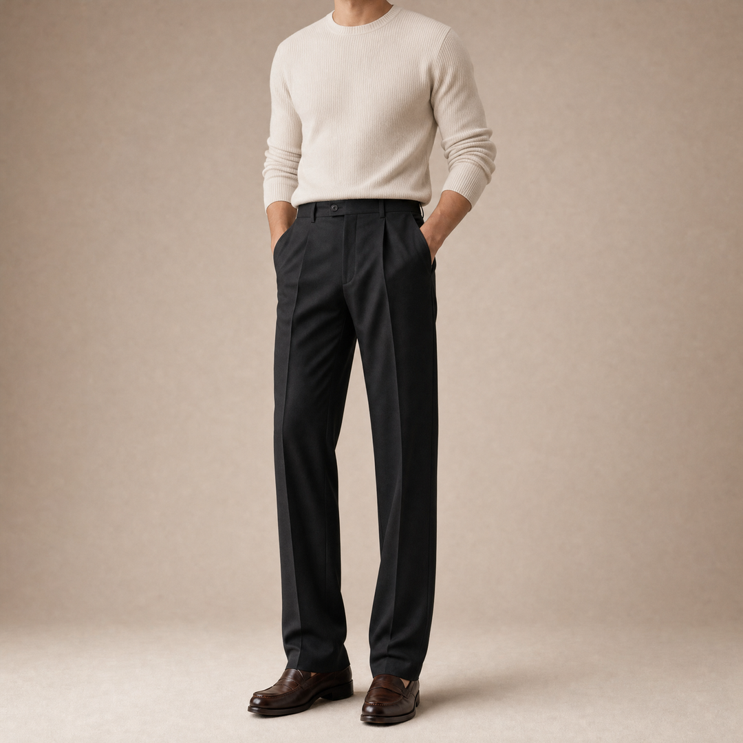 The Pleated Tailored Trouser in Charcoal, on model