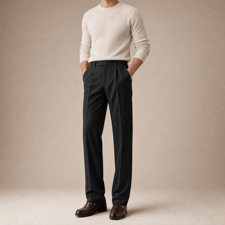 The Pleated Tailored Trouser in Charcoal, on model